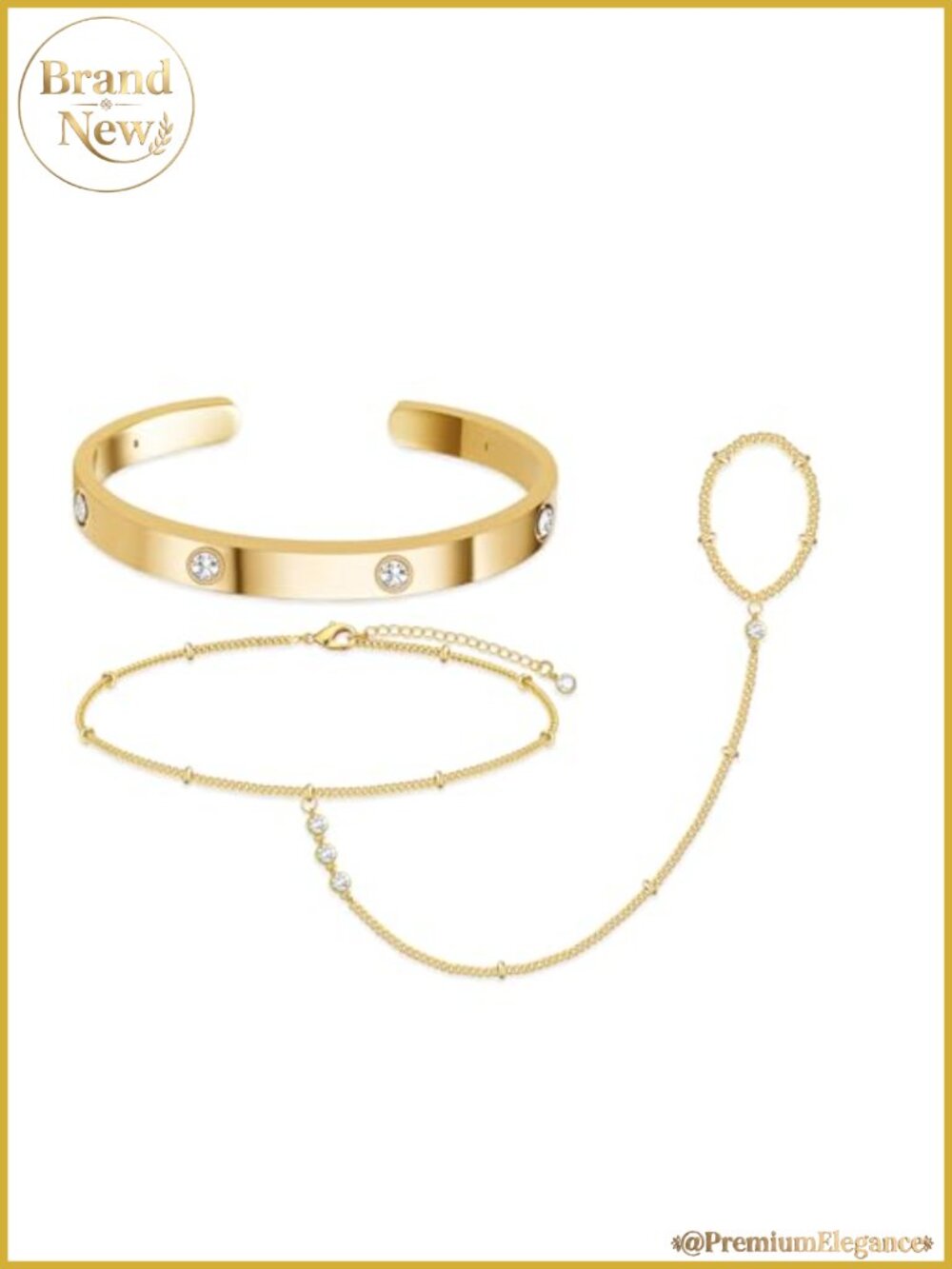 14K Gold Plated Dainty Hand Chain & Bangle Bracelet Set with Cubic Zirconia,